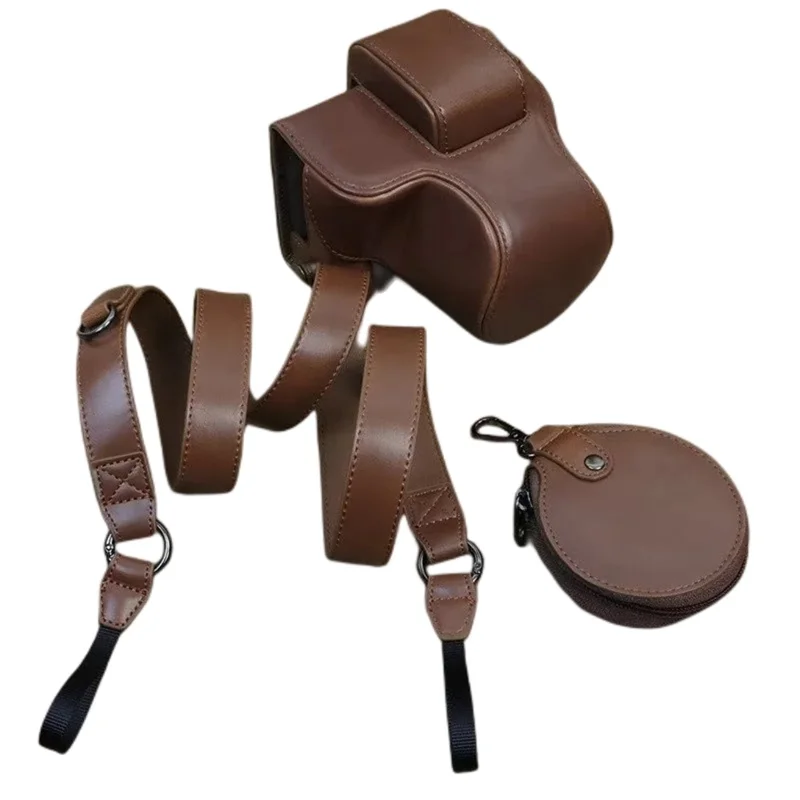 For Canon EOS R50 / R100 PU Leather Camera Case Battery Opening Design Camera Cover with Strap and Small Bag - Coffee