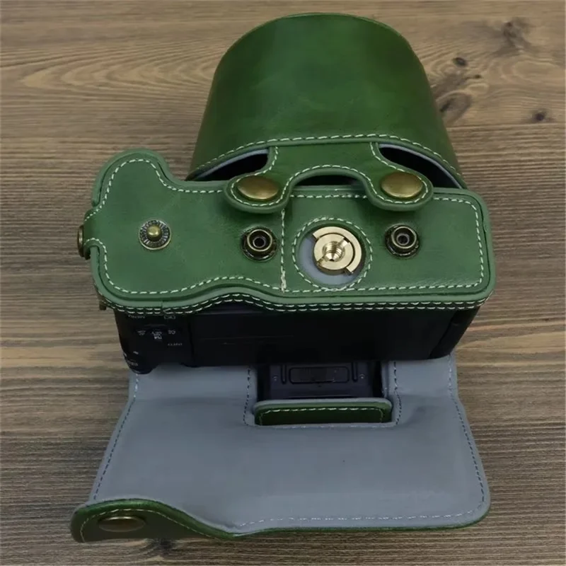 For Canon EOS R50 / R100 PU Leather Camera Case Battery Opening Design Camera Cover with Strap and Small Bag - Coffee