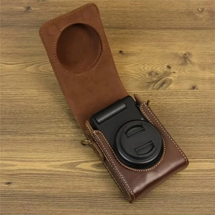 Pour Sony ZV-1 / ZV-1 II / ZV-1F PU Leather Camera Bag Protective Cover with Shoulder Strap, Vertical Type - Café
