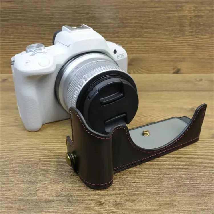 For Canon EOS R50 / R100 PU Leather Bottom Case Half Body Camera Cover with Wrist Strap - Black