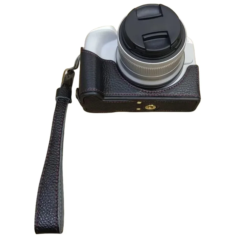 For Canon EOS R50 / R100 Genuine Cow Leather Camera Bottom Case Anti-drop Cover with Wrist Strap - Black