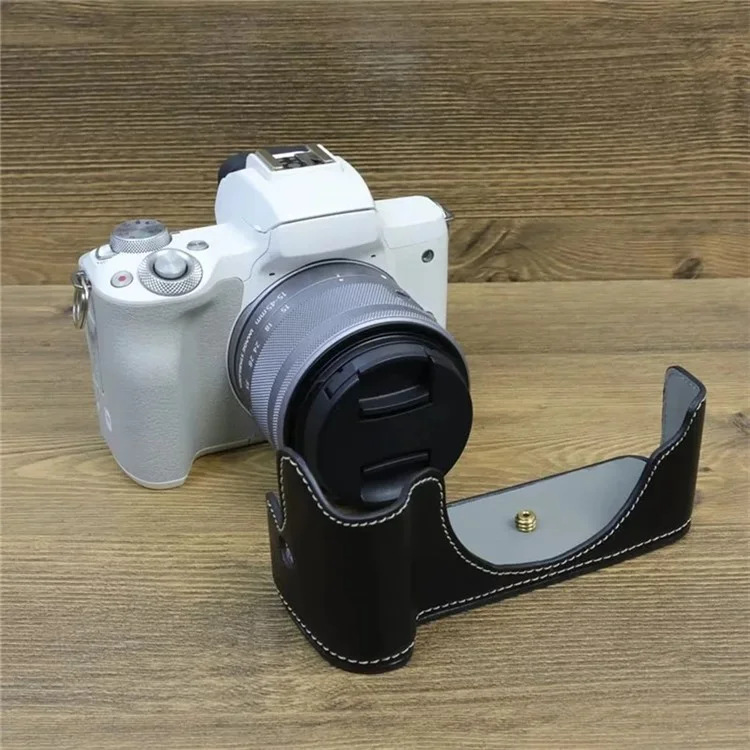 For Canon EOS M50 Mark II PU Leather Bottom Case Half Body Camera Protection Cover - Black