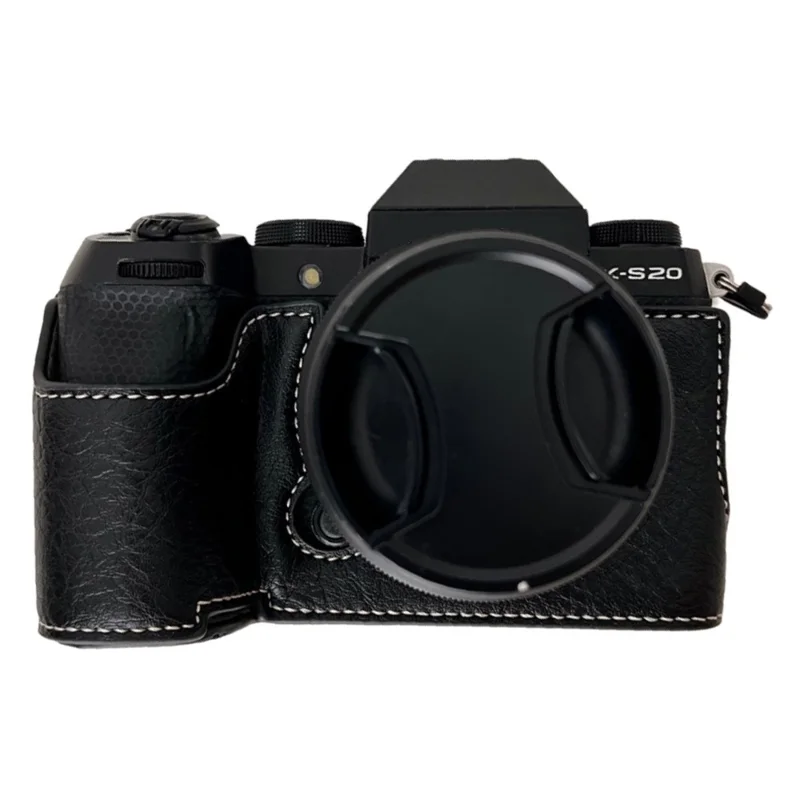Para la cámara Fujifilm X-S20, funda de cámara con textura de búfalo de cuero sintético PU, mitad del cuerpo, con apertura para la batería - Negro