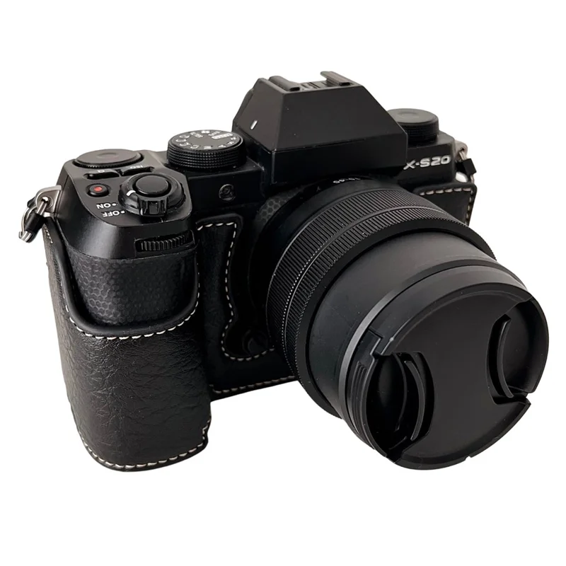 Para la cámara Fujifilm X-S20, funda de cámara con textura de búfalo de cuero sintético PU, mitad del cuerpo, con apertura para la batería - Negro