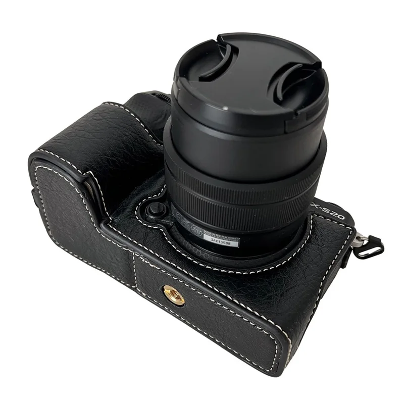 Para la cámara Fujifilm X-S20, funda de cámara con textura de búfalo de cuero sintético PU, mitad del cuerpo, con apertura para la batería - Negro