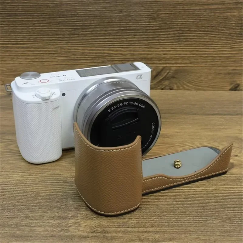 Til Sony ZV-E10 PU-læder kamerataske, halv krop, kradssikker beskyttelsesdæksel - Khaki