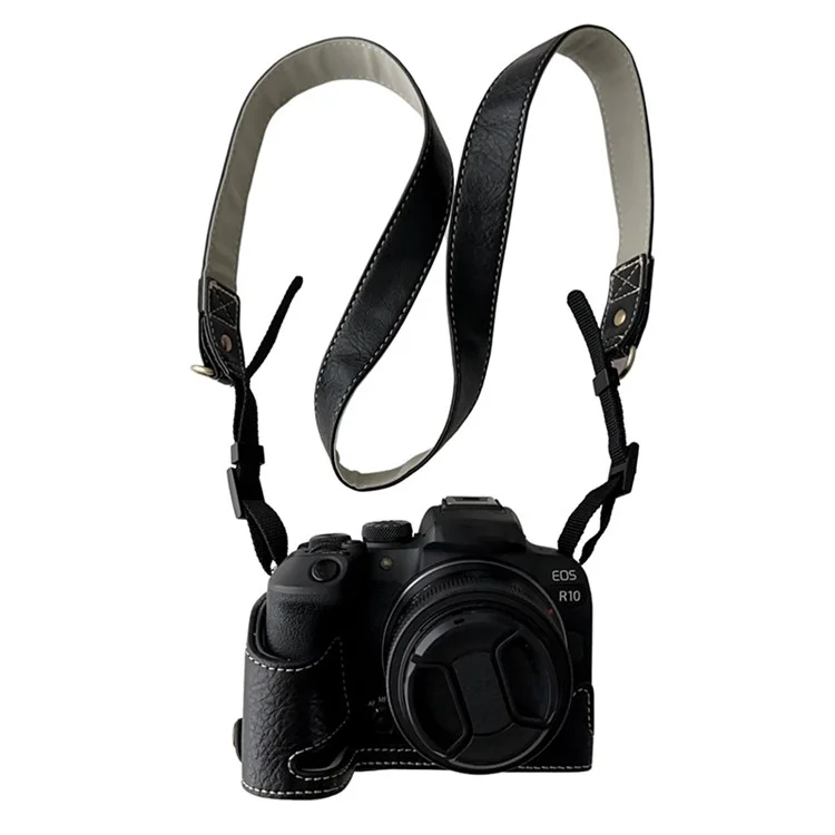 For Canon EOS R10 Buffalo Texture PU Leather Bottom Case Half Body Camera Cover with Shoulder Strap - Black