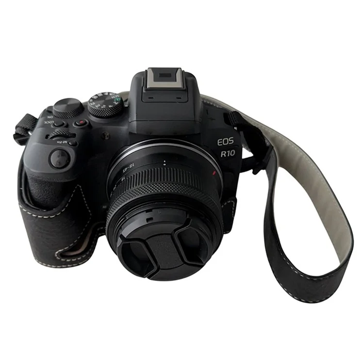 For Canon EOS R10 Buffalo Texture PU Leather Bottom Case Half Body Camera Cover with Shoulder Strap - Black