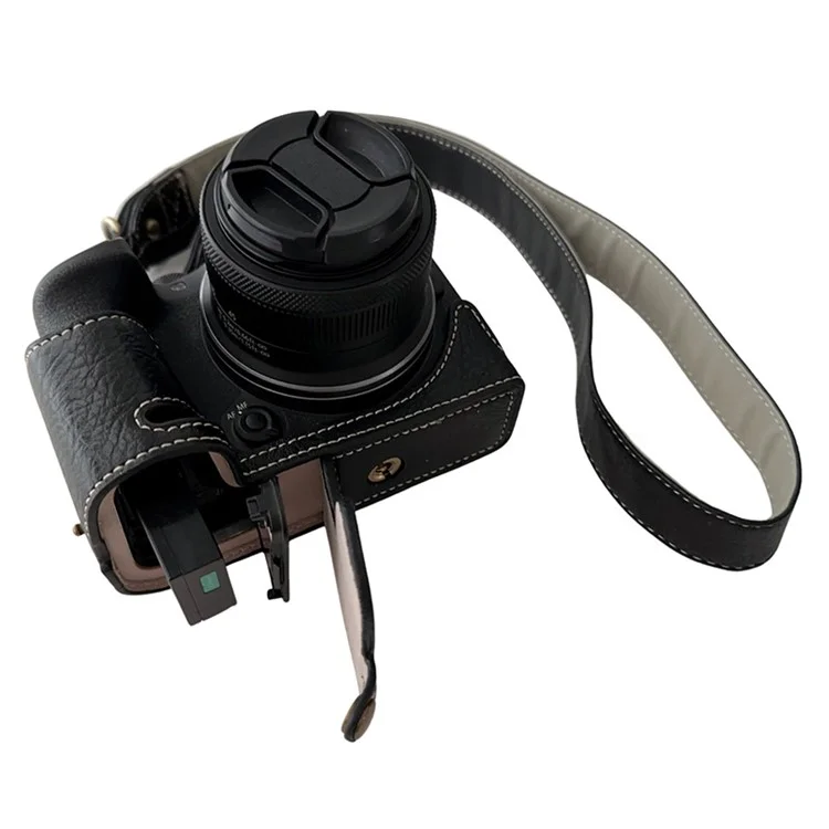 For Canon EOS R10 Buffalo Texture PU Leather Bottom Case Half Body Camera Cover with Shoulder Strap - Black