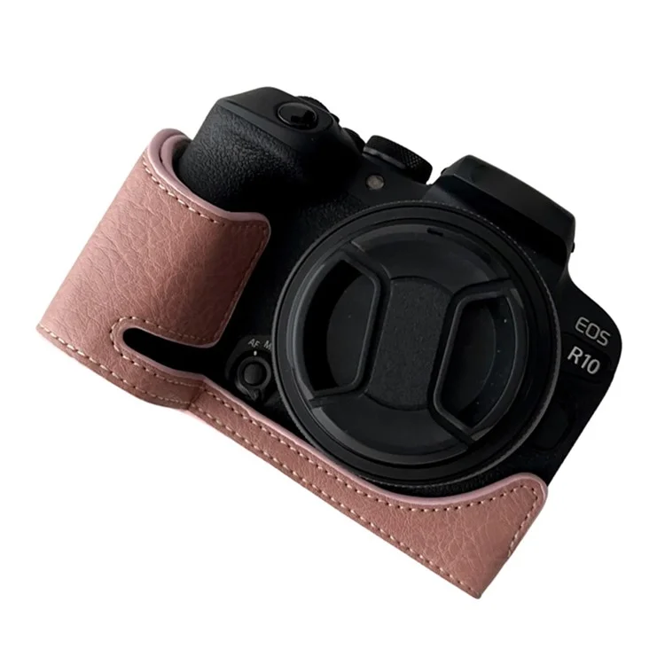For Canon EOS R10 Buffalo Texture PU Leather Bottom Case Half Body Camera Anti-drop Cover - Pink