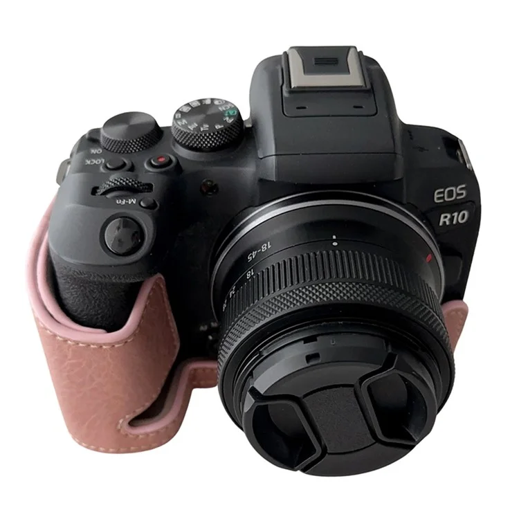 For Canon EOS R10 Buffalo Texture PU Leather Bottom Case Half Body Camera Anti-drop Cover - Pink