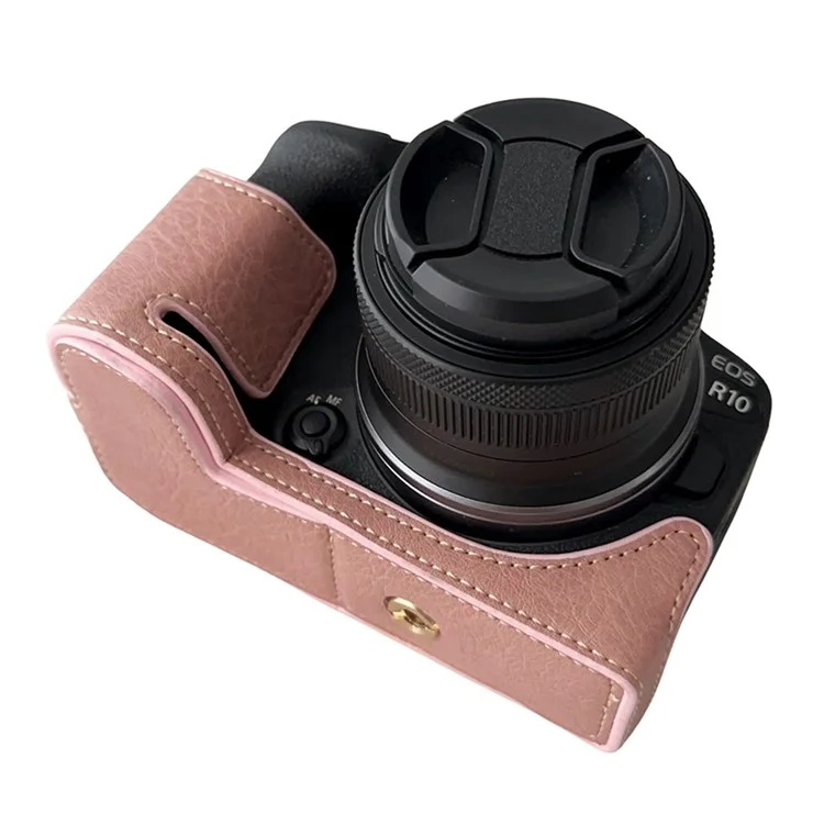 For Canon EOS R10 Buffalo Texture PU Leather Bottom Case Half Body Camera Anti-drop Cover - Pink