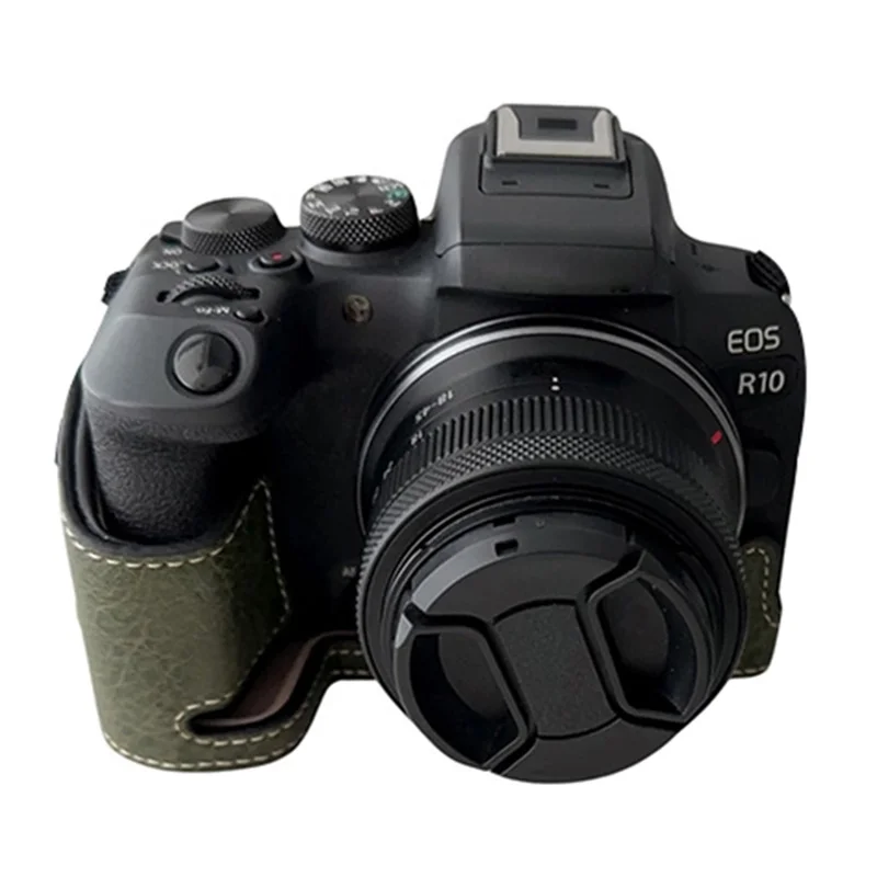 For Canon EOS R10 Buffalo Texture PU Leather Bottom Case Half Body Camera Anti-drop Cover - Green
