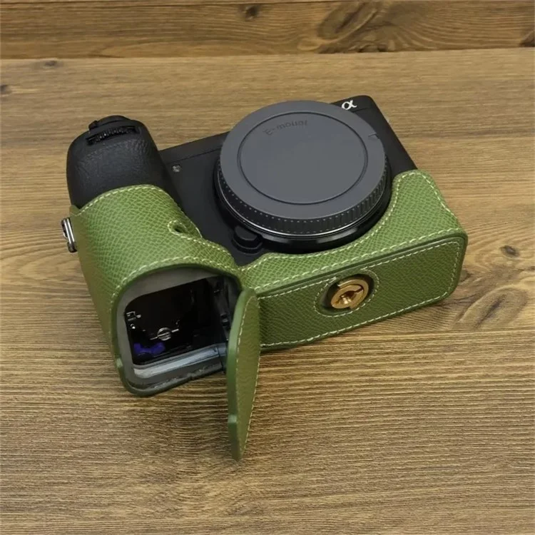 For Sony A6700 Dustproof PU Leather Camera Bottom Cover Half Body Case with Wrist Strap - Green
