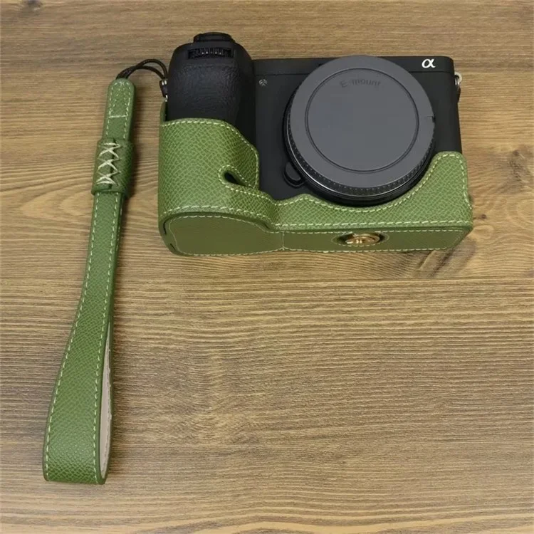 For Sony A6700 Dustproof PU Leather Camera Bottom Cover Half Body Case with Wrist Strap - Green