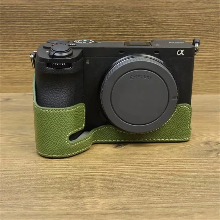 For Sony A6700 Dustproof PU Leather Camera Bottom Cover Half Body Case with Wrist Strap - Green