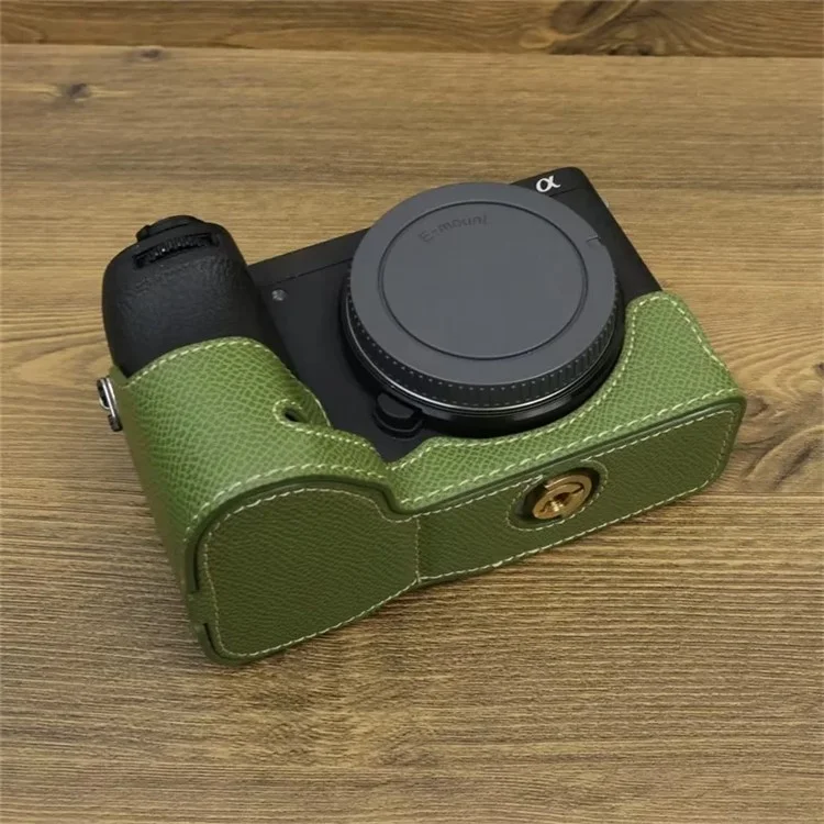 For Sony A6700 Dustproof PU Leather Camera Bottom Cover Half Body Case with Wrist Strap - Green
