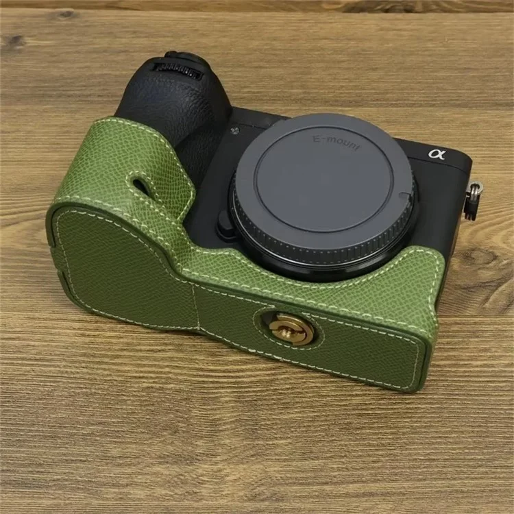 For Sony A6700 Dustproof PU Leather Camera Bottom Cover Half Body Case with Wrist Strap - Green