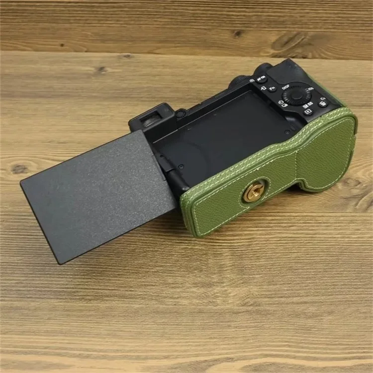 For Sony A6700 Dustproof PU Leather Camera Bottom Cover Half Body Case with Wrist Strap - Green