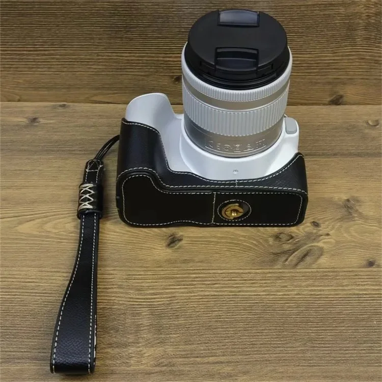 Для Canon EOS 200D / 200D II PU кожаная нижняя крышка камеры Винтовой дизайн Полукорпусной чехол со ремешком - Черный