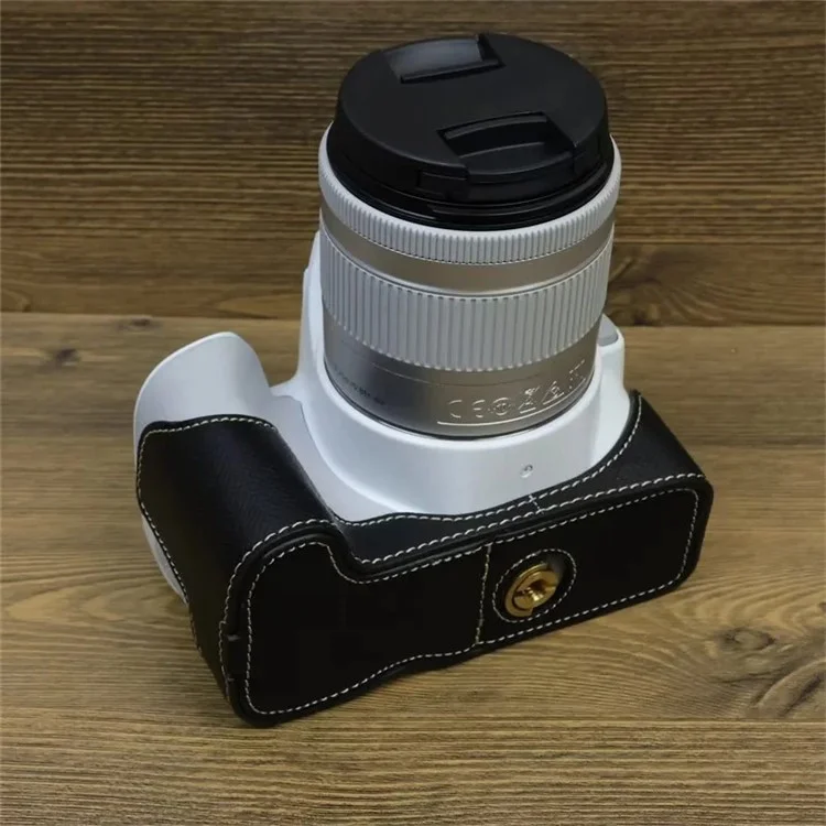 Для Canon EOS 200D / 200D II PU кожаная нижняя крышка камеры Винтовой дизайн Полукорпусной чехол со ремешком - Черный