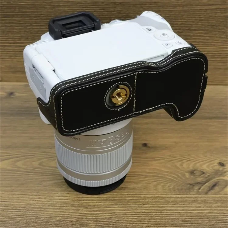Для Canon EOS 200D / 200D II PU кожаная нижняя крышка камеры Винтовой дизайн Полукорпусной чехол со ремешком - Черный