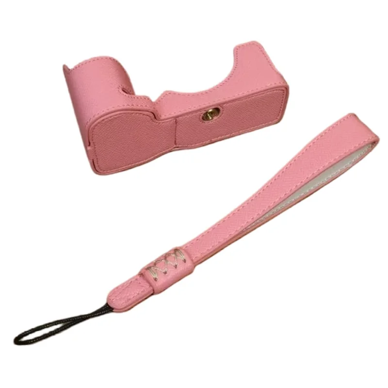 For Sony A7C II / A7CR Camera Bottom Case PU Leather Anti-Drop Half Body Cover with Wrist Strap - Pink