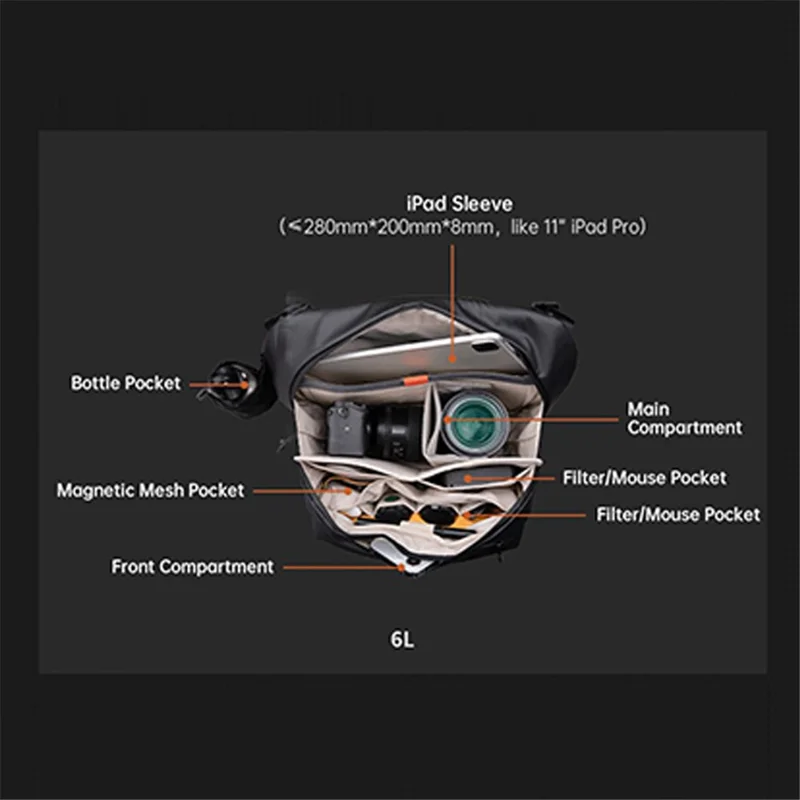 PGYTECH OneGo V2 6L Portable Camera Storage Single Shoulder Bag Crossbody Bag - Black