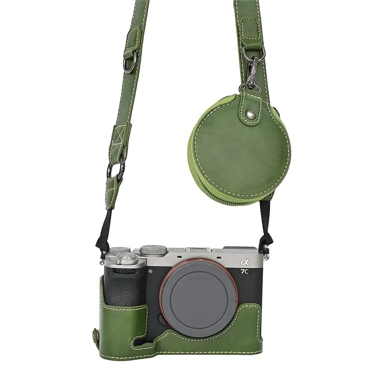 For Sony A7C II / A7CR Detachable Camera Bag PU Leather Battery Opening Case with Lens Bag - Green
