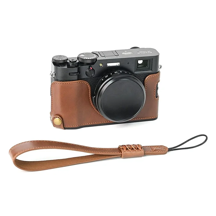 Pour Fuji X100V Bottom Case Battery Opening Design PU Leather Camera Half Body Cover + Bracelet de Poignet - Café