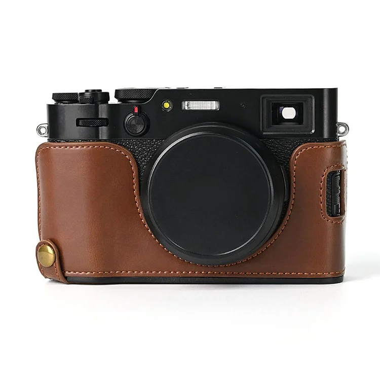 For Fuji X100V Bottom Case Battery Opening Design PU Leather Camera Half Body Cover + Wrist Strap - Coffee