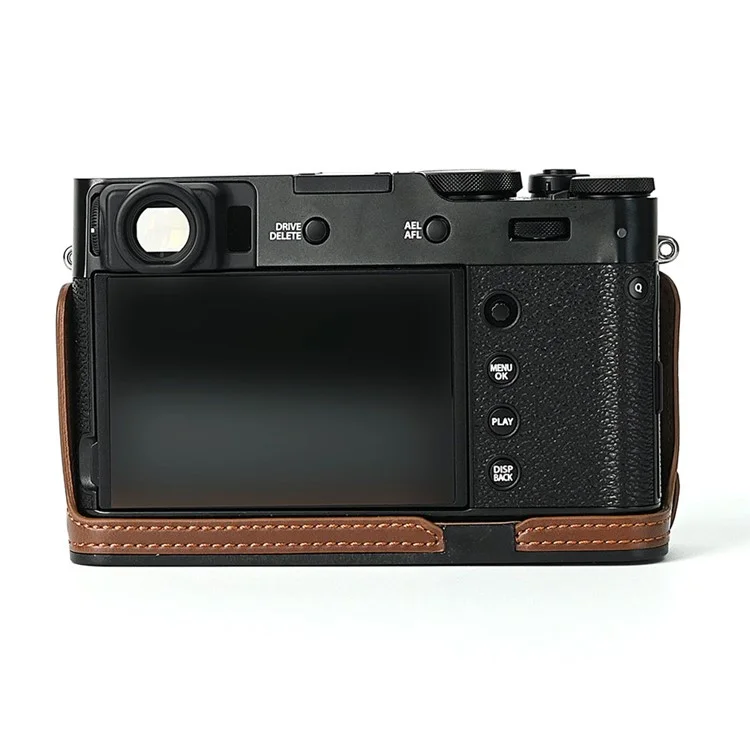 For Fuji X100V Bottom Case Battery Opening Design PU Leather Camera Half Body Cover + Wrist Strap - Coffee