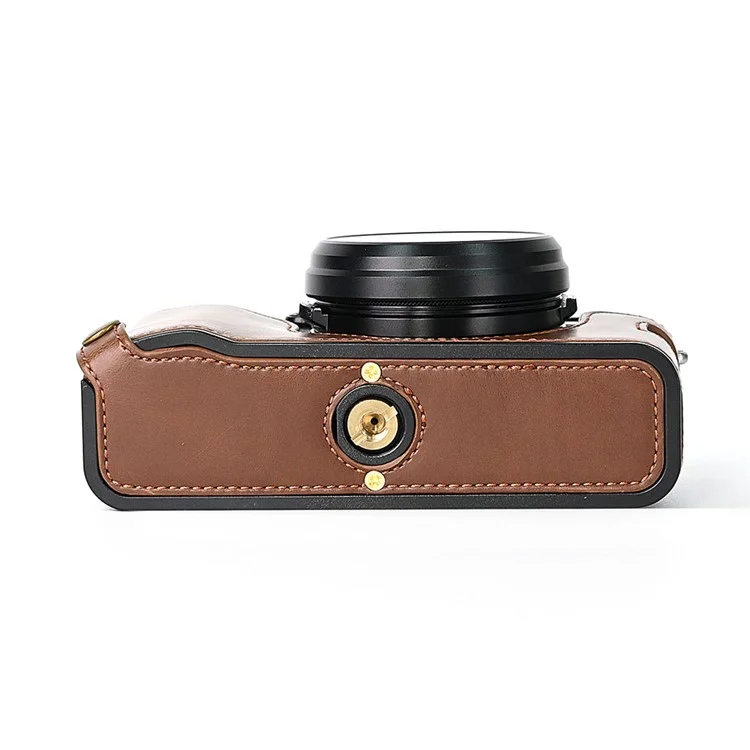 For Fuji X100V Bottom Case Battery Opening Design PU Leather Camera Half Body Cover + Wrist Strap - Coffee