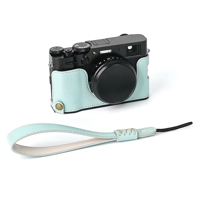 For Fuji X100V Battery Opening Design Palm Texture PU Leather Camera Case Half Body Bottom Case with Wrist Strap - Baby Blue