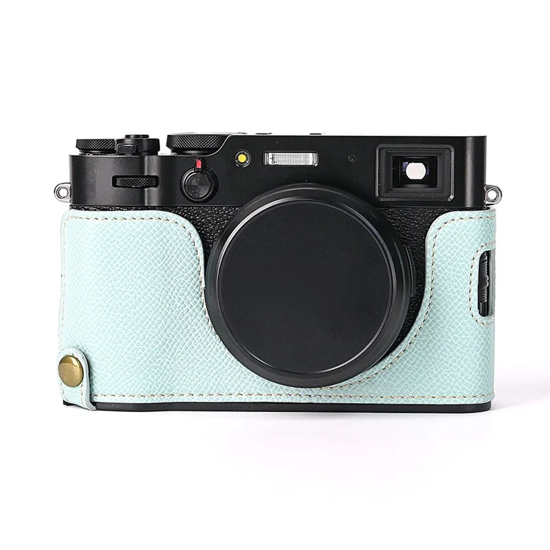 For Fuji X100V Battery Opening Design Palm Texture PU Leather Camera Case Half Body Bottom Case with Wrist Strap - Baby Blue