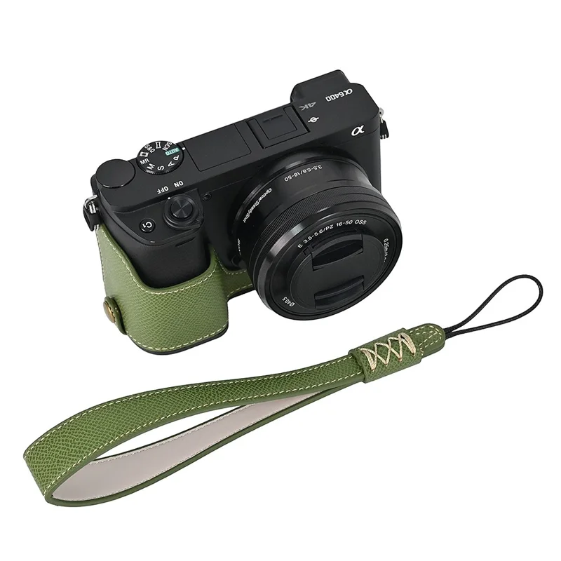 Kameraskal för Sony A6400 / A6300 / A6100 / A6000 med batteriöppningsdesign, handflatestextur, PU-läder, halvskal med handledsband - Grön
