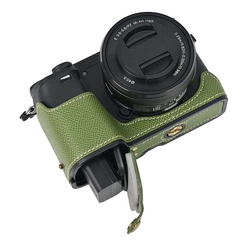 Kameraskal för Sony A6400 / A6300 / A6100 / A6000 med batteriöppningsdesign, handflatestextur, PU-läder, halvskal med handledsband - Grön