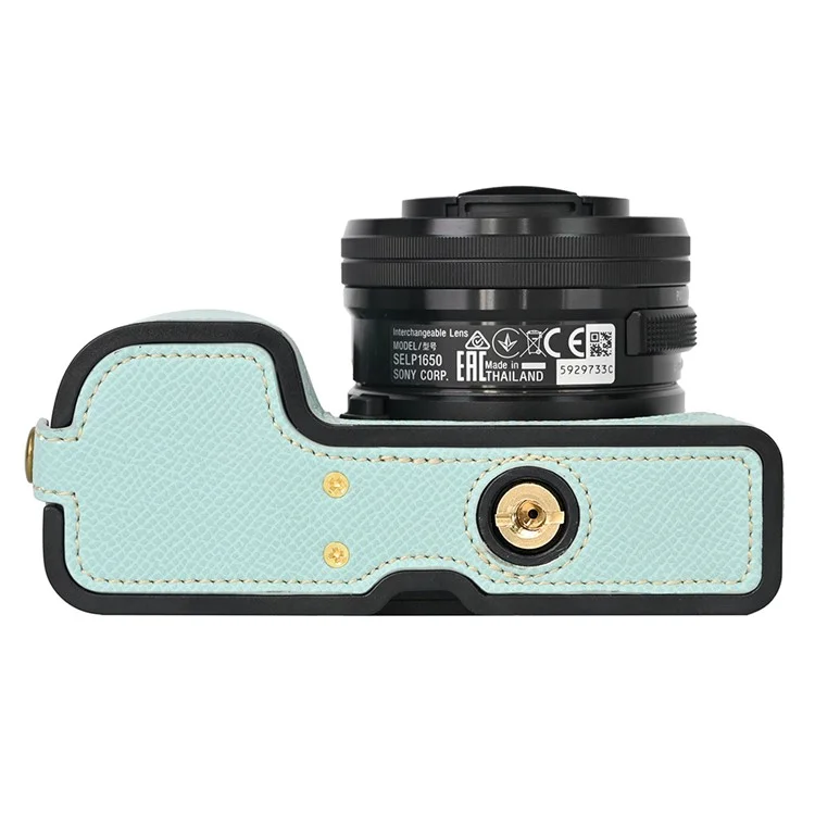 Étui pour appareil photo pour Sony A6400 / A6300 / A6100 / A6000 Conception d'ouverture de la batterie Texture de paume Cuir PU Demi-corps Étui de fond avec dragonne - Bleu bébé
