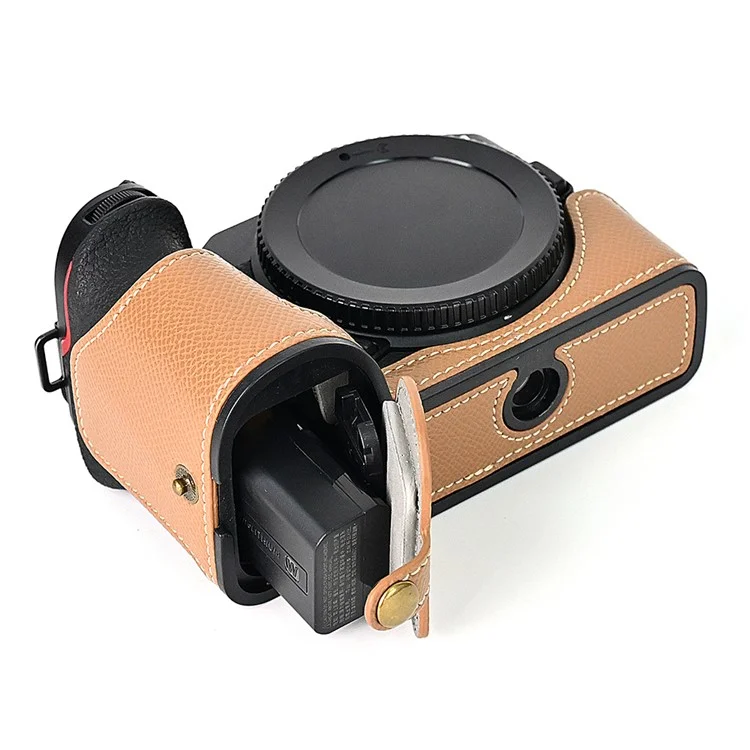 For Nikon Z30 / Z50 Battery Opening Design PU Leather Camera Cover Palm Texture Half Body Bottom Case with Wrist Strap - Khaki