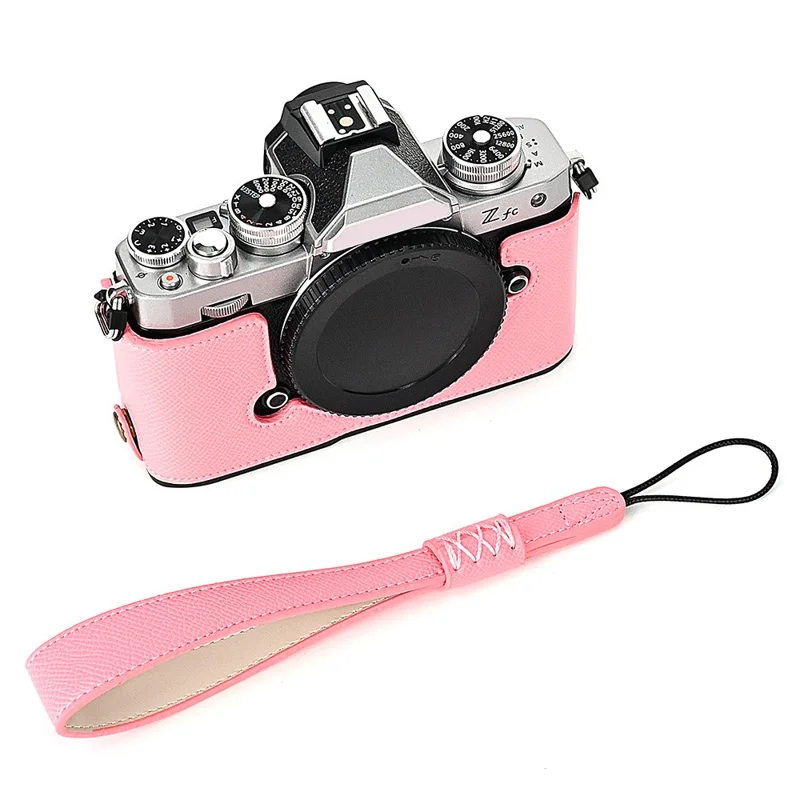 Leather Camera Case For Nikon ZFC Bottom Half-Body Camera Cover Anti-Scratch Protector with Hand Grip - Pink