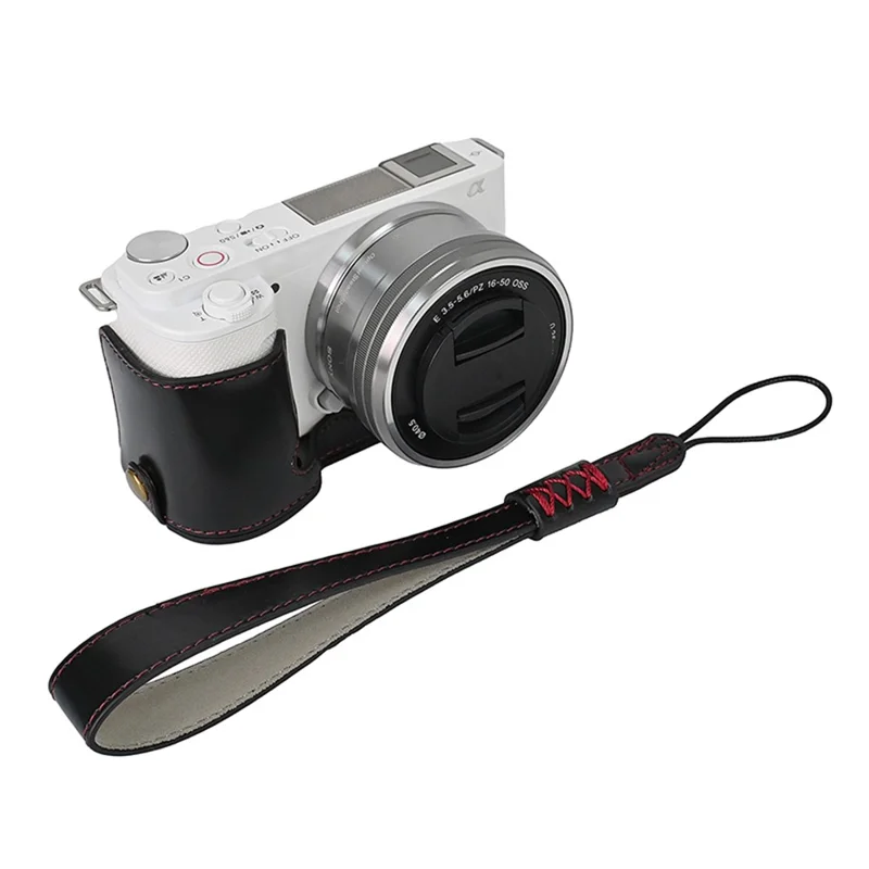 For Sony ZV-E10 Battery Opening Design PU Leather Camera Cover Half Body Bottom Case with Wrist Strap - Black