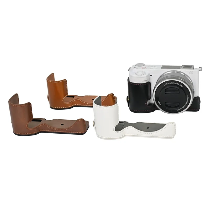 For Sony ZV-E10 Battery Opening Design PU Leather Camera Cover Half Body Bottom Case with Wrist Strap - Black