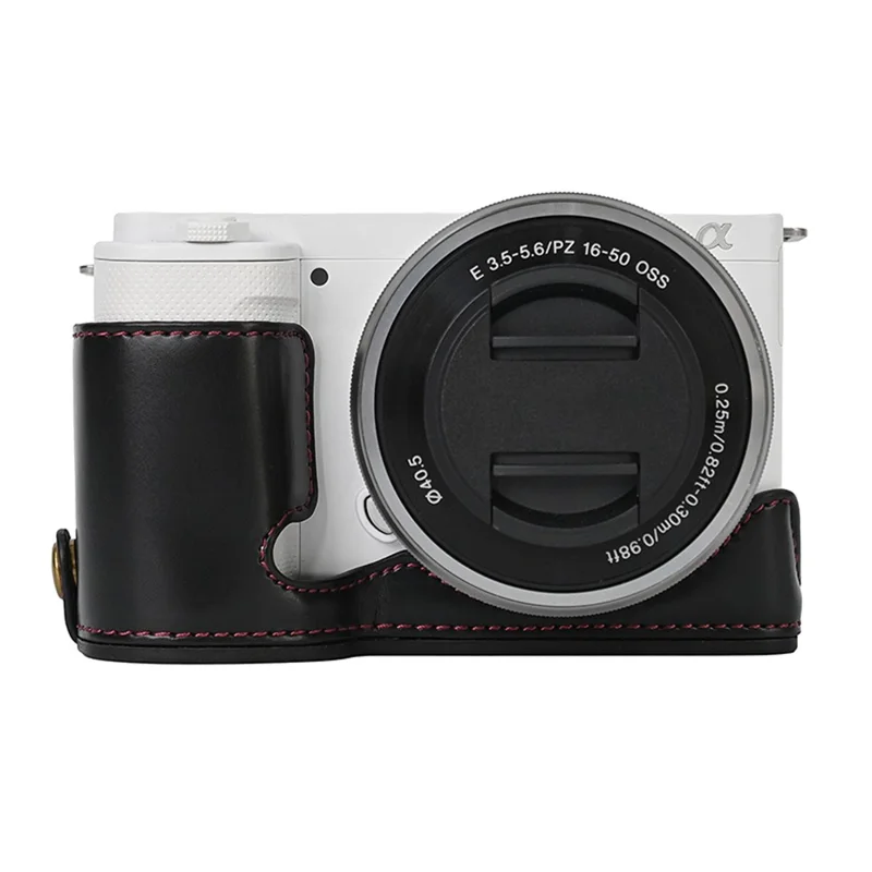 For Sony ZV-E10 Battery Opening Design PU Leather Camera Cover Half Body Bottom Case with Wrist Strap - Black