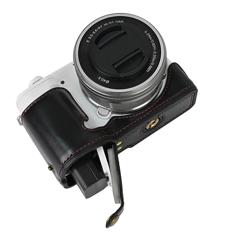 For Sony ZV-E10 Battery Opening Design PU Leather Camera Cover Half Body Bottom Case with Wrist Strap - Black