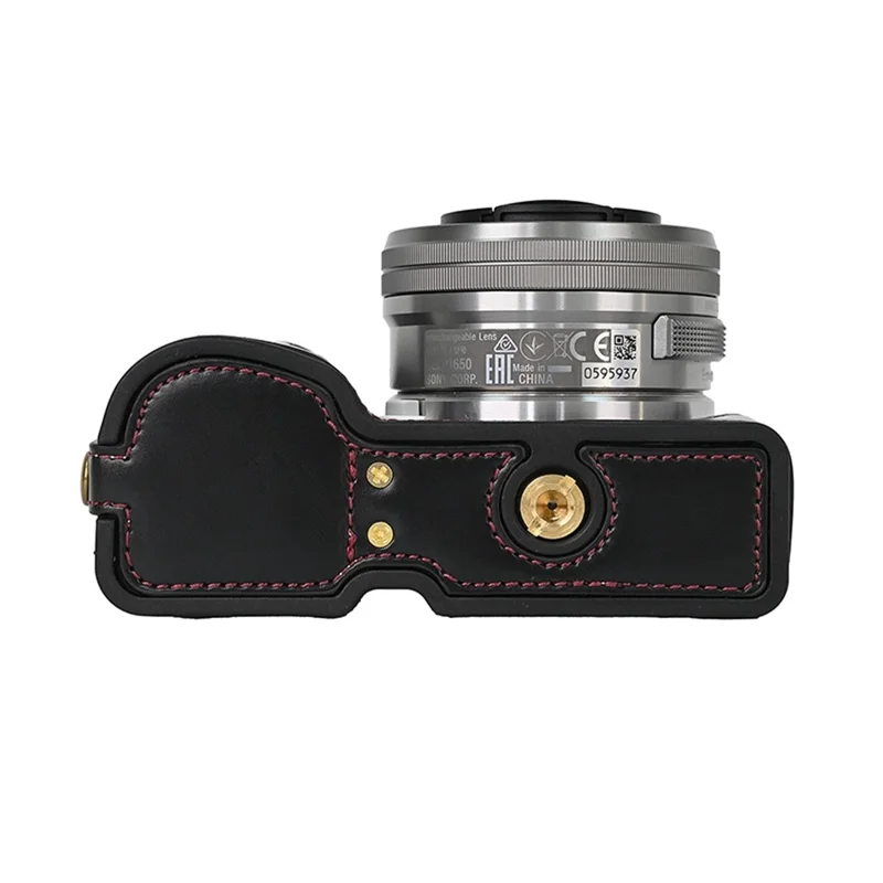 For Sony ZV-E10 Battery Opening Design PU Leather Camera Cover Half Body Bottom Case with Wrist Strap - Black