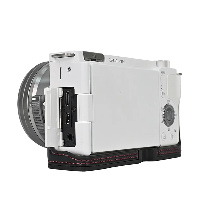 For Sony ZV-E10 Battery Opening Design PU Leather Camera Cover Half Body Bottom Case with Wrist Strap - Black