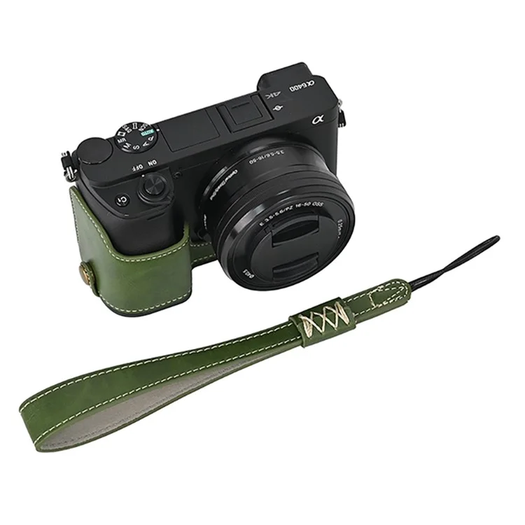 Camera Cover for Sony A6400 / A6300 / A6100 / A6000 Battery Opening Design PU Leather Half Body Bottom Case with Wrist Strap - Green