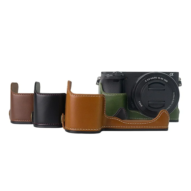 Camera Cover for Sony A6400 / A6300 / A6100 / A6000 Battery Opening Design PU Leather Half Body Bottom Case with Wrist Strap - Green