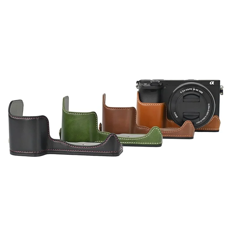 Camera Cover for Sony A6400 / A6300 / A6100 / A6000 Battery Opening Design PU Leather Half Body Bottom Case with Wrist Strap - Green