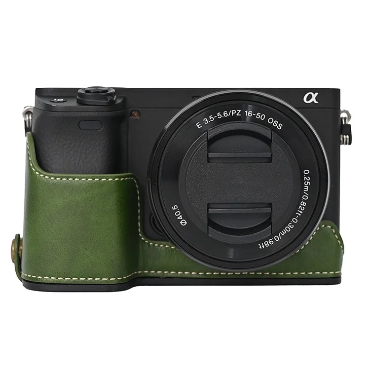 Camera Cover for Sony A6400 / A6300 / A6100 / A6000 Battery Opening Design PU Leather Half Body Bottom Case with Wrist Strap - Green